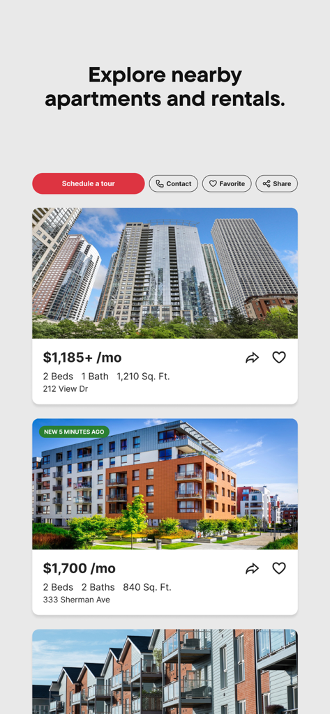 Redfin app screen displaying nearby apartment and rental listings with prices and property details.