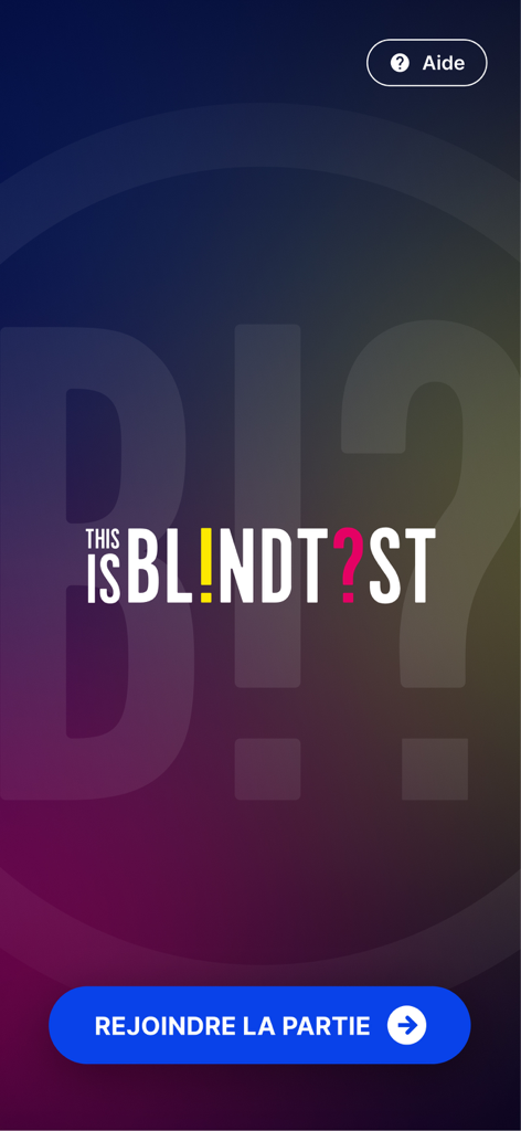 The home screen of the ThisisBlindTest app showing the logo and a blue join party button