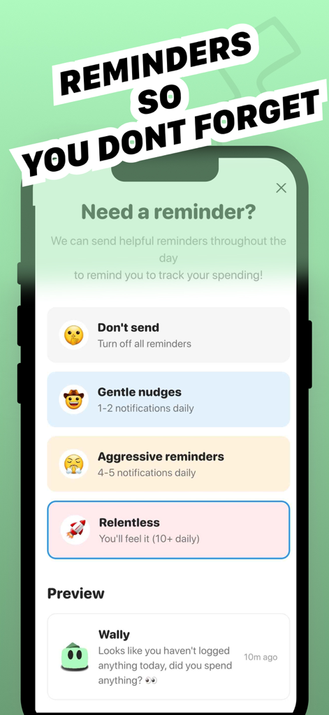 Wally: Debt Tracker Budget - Interfaz de la aplicación Wally que muestra opciones para configurar frecuencias de recordatorios de gastos, desde suaves empujones hasta notificaciones implacables.