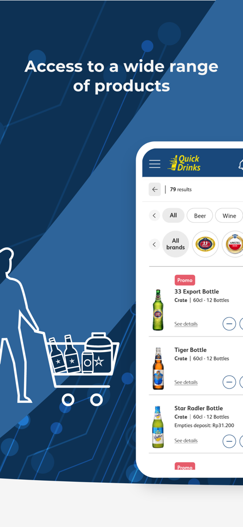 QuickDrinks NG - QuickDrinks NG mobile app screen showing a catalog of beer and wine products for B2B ordering