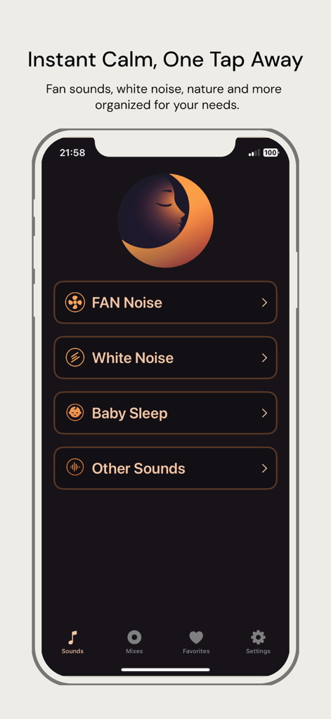 Menú principal de la aplicación White Moises for Sleep mostrando categorías de sonido como Ruido de Ventilador, Ruido Blanco y Sueño de Bebé.
