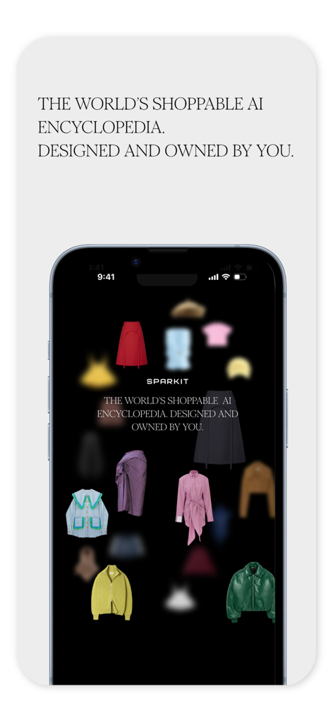 Sparkit World - Sparkit World mobile app interface showing various AI designed clothing items like jackets and shirts