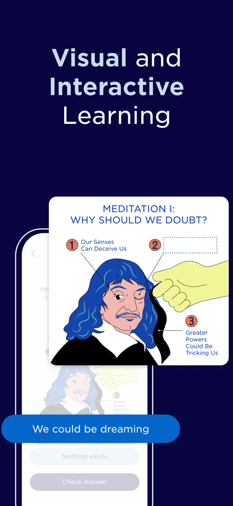 Una lección interactiva de filosofía sobre la duda de Descartes con una colorida ilustración y respuestas de opción múltiple.