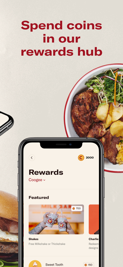 Chargrill Charlie's mobile app rewards hub interface showing Charlie Coins and featured rewards like shakes.
