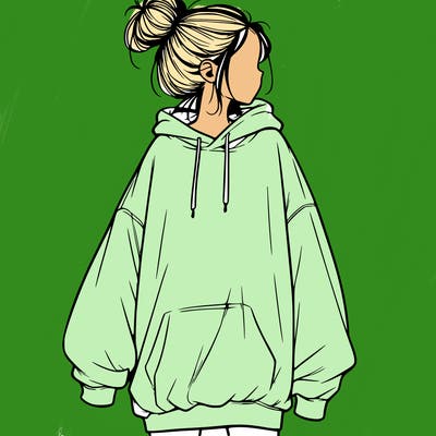 realistic girl with a oversized sweatshirt on and a bun