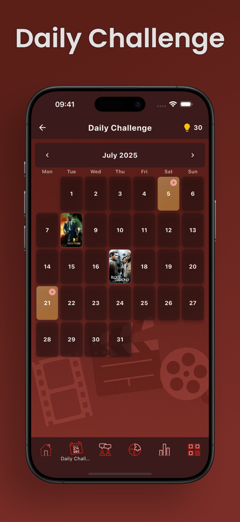 What Movieアプリのデイリーチャレンジカレンダー。Man on FireやBlood Diamondのような完了した映画が表示されます