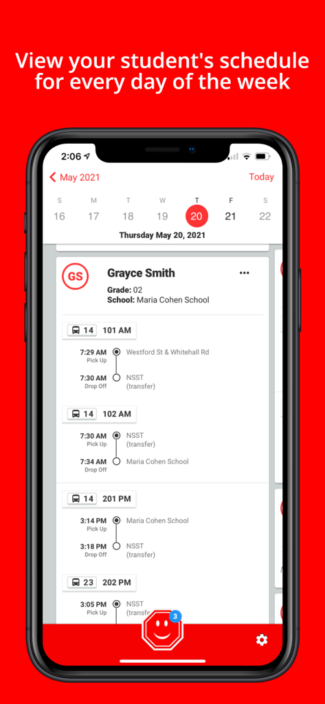 Stopfinder - Stopfinder app interface showing a student daily school bus pickup and drop-off schedule