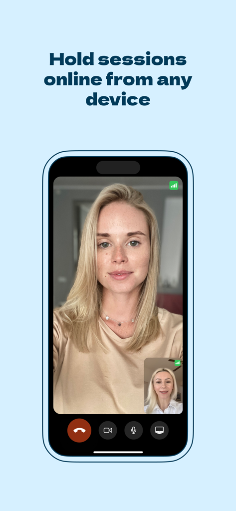A smartphone displaying an online video therapy session between a therapist and a patient