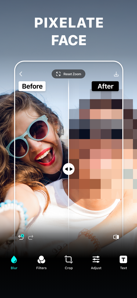 Blur Photo Editor - Vorher-Nachher-Vergleich, der ein verpixeltes Gesicht zum Schutz der Privatsphäre in der Blur Foto Editor App zeigt