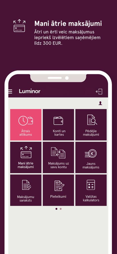 Interfaccia mobile dell'app Luminor Latvija che mostra una griglia di funzionalità bancarie ad accesso rapido e scorciatoie.