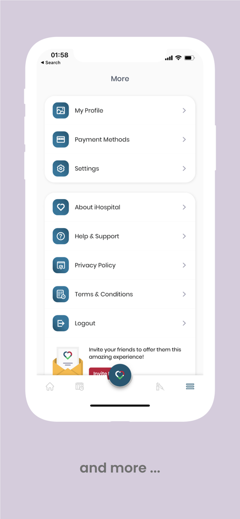 The settings and more options menu of the iHospital mobile app showing profile and payment methods.