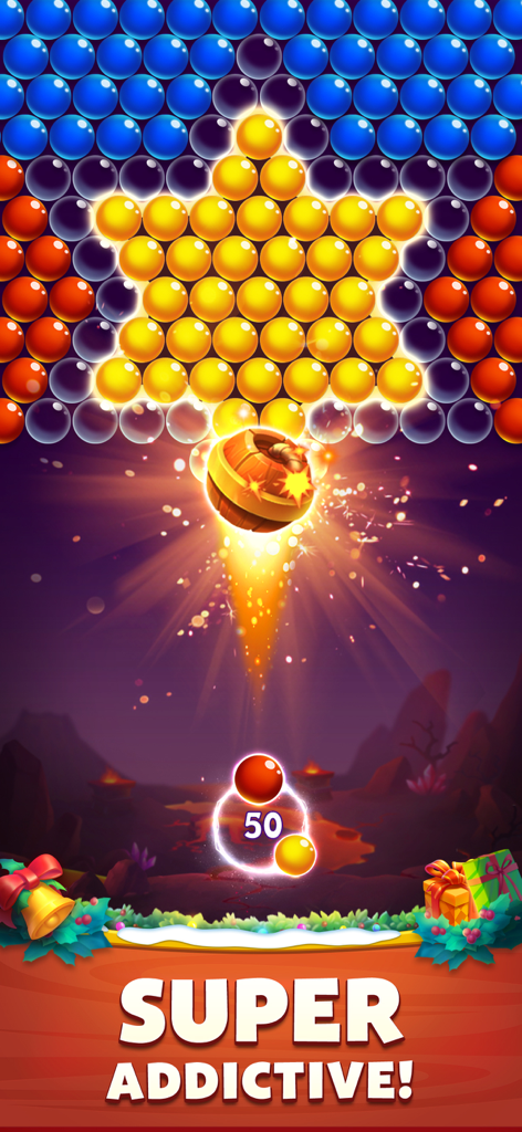 Bubble Viking Pop - A wooden bomb booster exploding against a star-shaped pattern of yellow bubbles in the Bubble Viking Pop mobile game