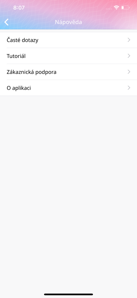 Help menu of the eObcanka app with sections for FAQ tutorial customer support and about