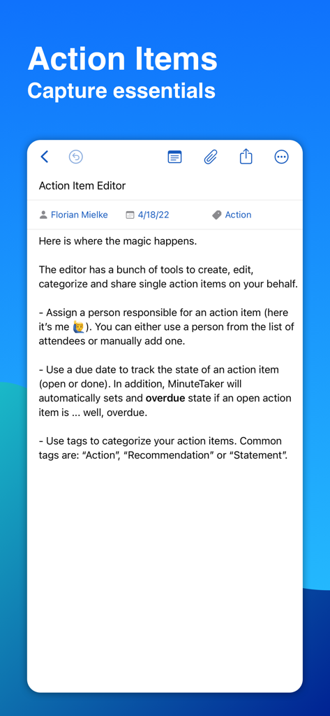MinuteTaker - Meeting Notes - Screenshot of the MinuteTaker action item editor showing options for assigning responsibilities due dates and category tags