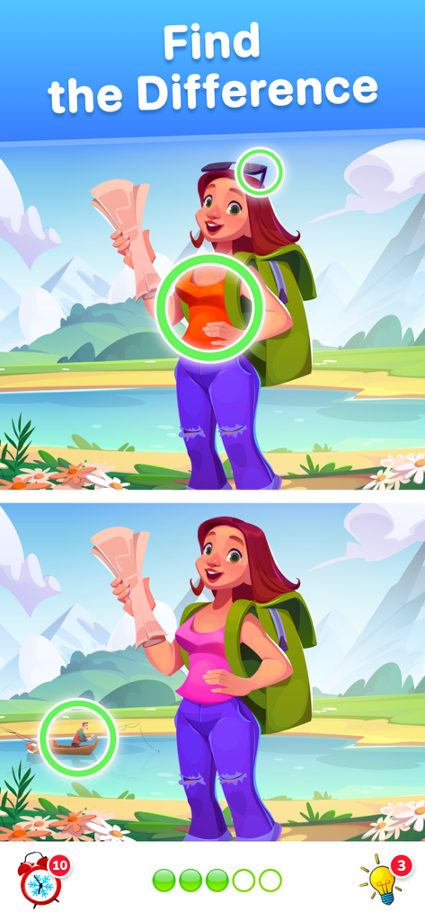 A gameplay screenshot showing two similar images of a woman hiker where the player must spot the differences in a scenic mountain landscape.