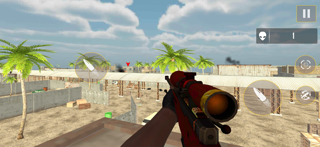 First person view of a sniper aiming in a desert military base