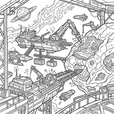 Blast off into a detailed space adventure with this intricate coloring page featuring futuristic mining barges. Discover a vibrant universe as you bring to life powerful spaceships extracting precious resources from a distant asteroid.
