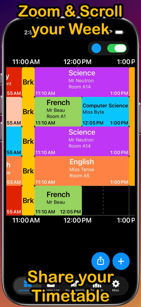 School Timetable Pro Schedule - A colorful grid view of a school timetable showing classes teachers and classrooms on an iPhone