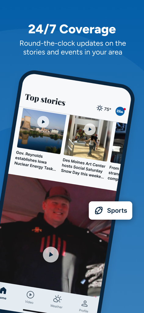Des Moines News - We Are Iowa - Mobile Benutzeroberfläche der Des Moines News App, die lokale Top-Storys und Videoinhalte anzeigt