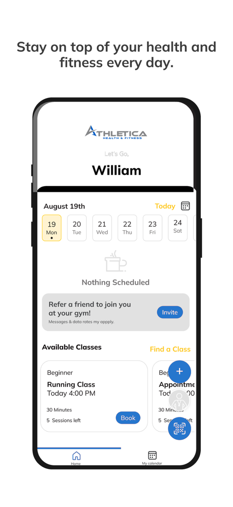 Dashboard der Athletica Health and Fitness App mit einem Tageskalender und verfügbaren Workout-Kursen
