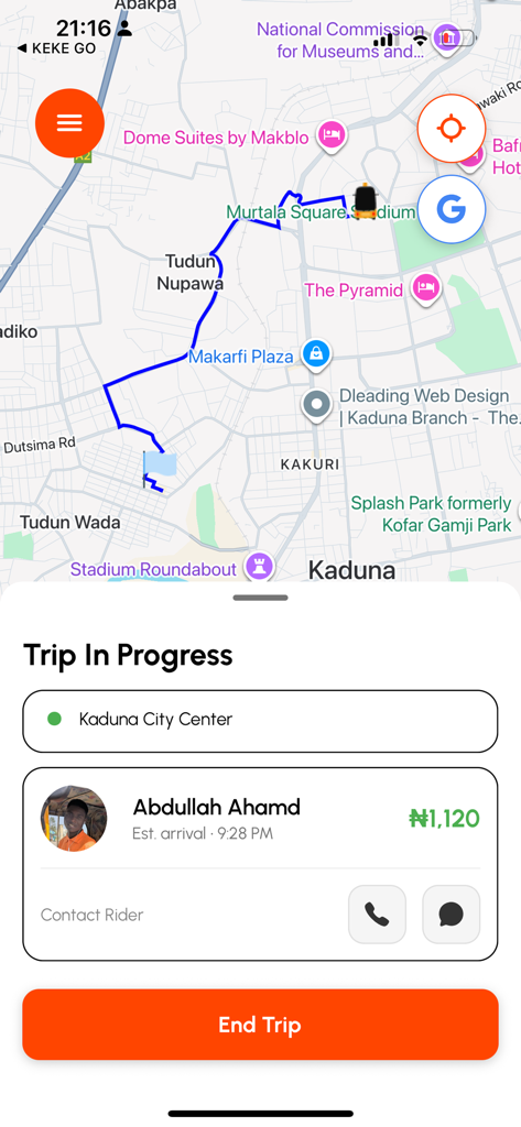 KEKE GO Driver - La aplicación KEKE GO Driver muestra un viaje en curso con un mapa e información del pasajero
