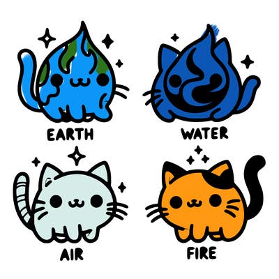 4 cats that represent the different elements, earth, water, air, and fire