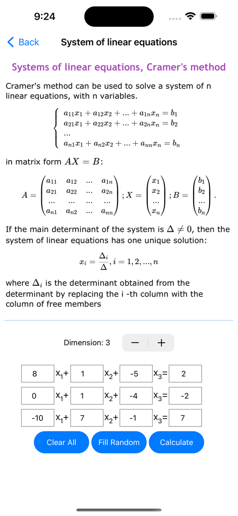 ALG Math Solver - Interface of ALG Math Solver showing a calculator for systems of linear equations using Cramers method