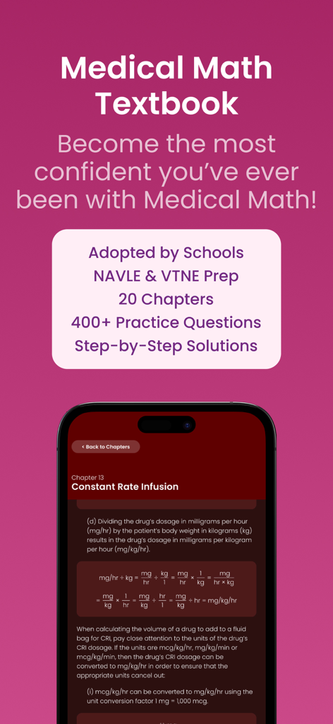 Vetpocket - Vet Calc & Drugs - Vetpocket app screen showing the medical math textbook feature for NAVLE and VTNE board exam preparation
