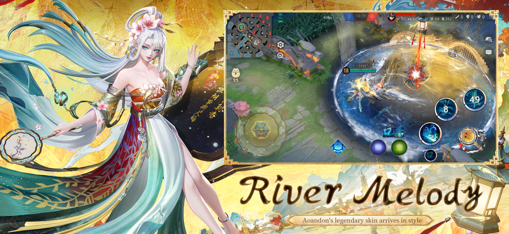 Skin legendaria Aoandon Melodía del Río en Onmyoji Arena.