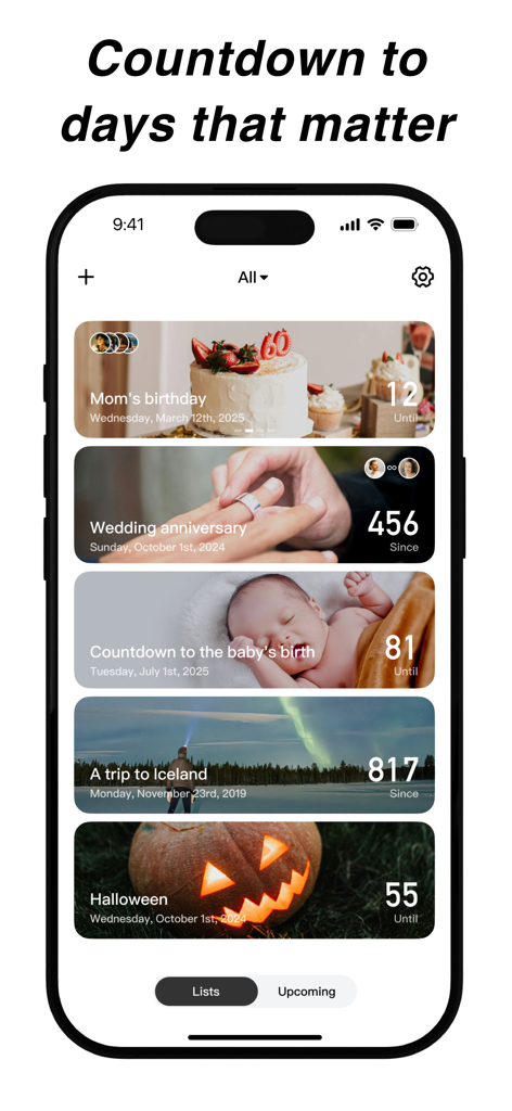 A list of personalized event countdowns with photo backgrounds in the Day Counter app