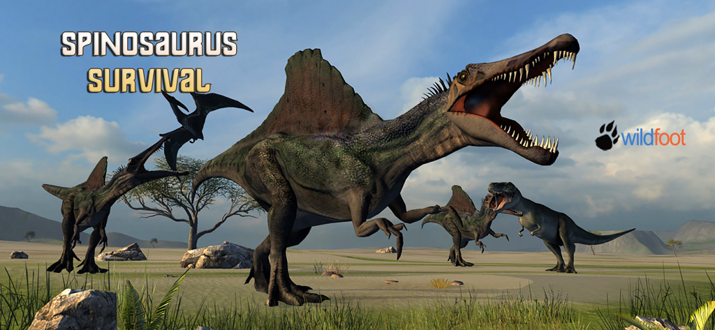 A group of Spinosaurus dinosaurs and a T-Rex in a 3D open world Jurassic environment.