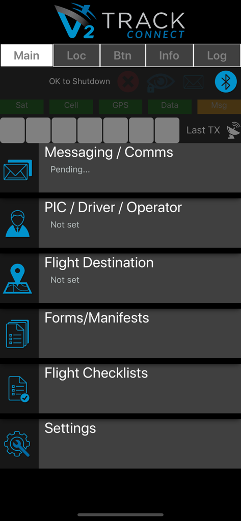 v2Connect - v2Connect app main dashboard showing pilot messaging flight destination and checklists