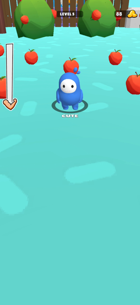 Monster Evolution! - Ein kleines blaues, süßes Wesen sammelt rote Äpfel in einem Level 5 des mobilen Spiels Monster Evolution