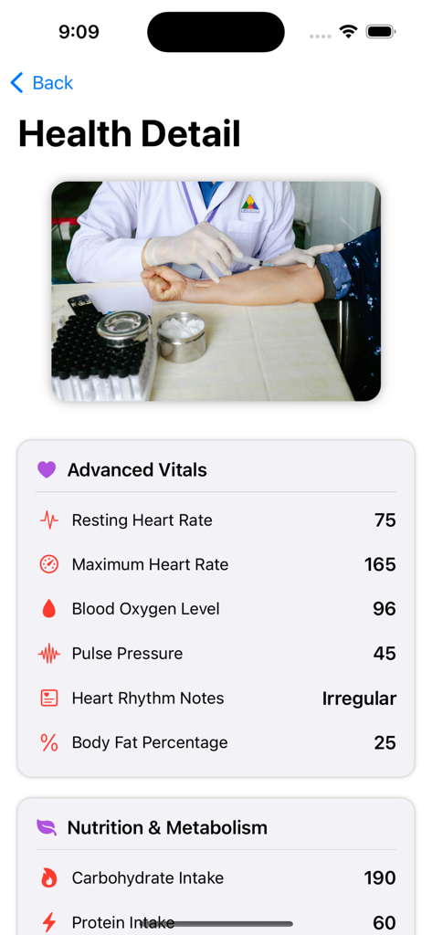 Calmi Health app interface showing health details including advanced vitals and nutrition metrics