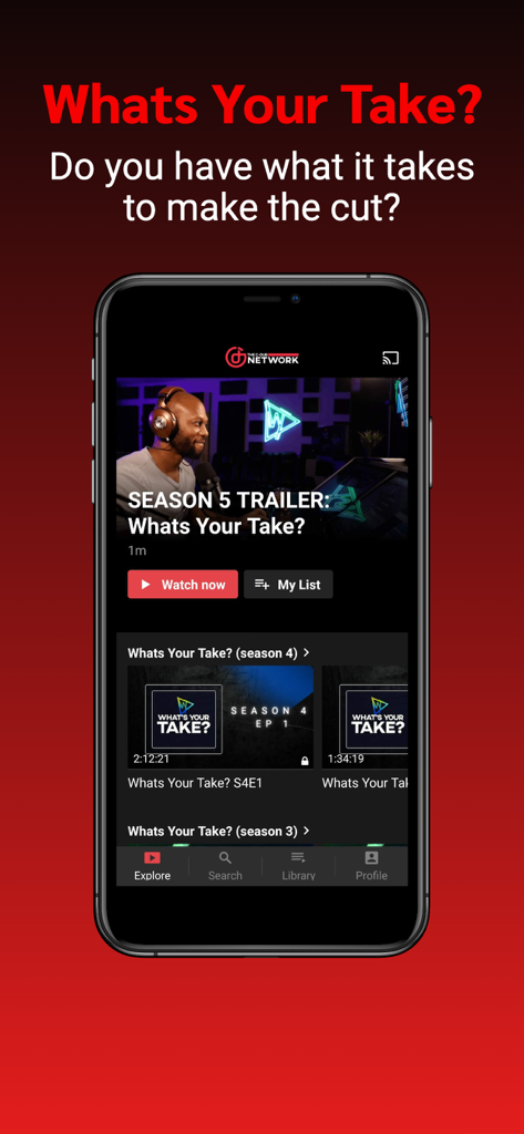 The CDub Network - A smartphone screen showing The CDub Network app with a creative video trailer and playlists