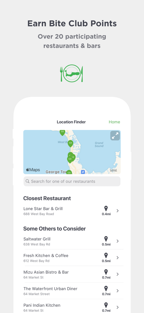 Bite Club Cayman - Bite Club Cayman app showing a map and list of participating restaurants to earn points.