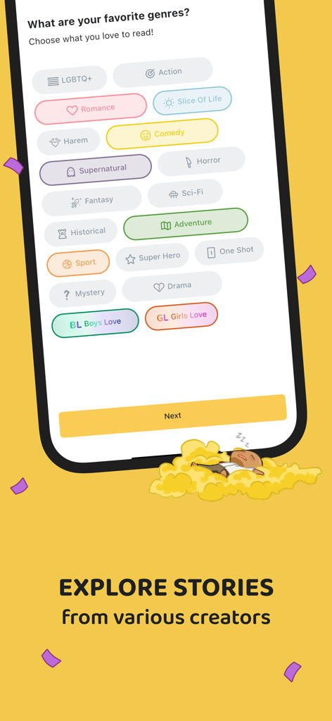 Écran de sélection de genre dans l'application Lemoon présentant des catégories comme Romance, Action et Tranche de vie.