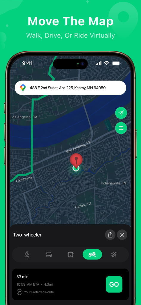 GPS emulator app interface showing virtual travel simulation with a two wheeler