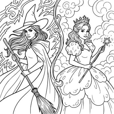 draw a half and half page of glinda and elphaba glinda on the right and elphaba on left with no words