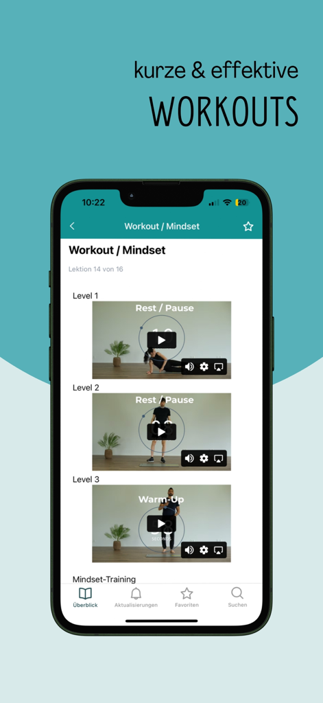 EMF Content - Una pantalla de teléfono inteligente que muestra la aplicación EMF Content con tres niveles de videos de entrenamiento y entrenamiento de mentalidad.