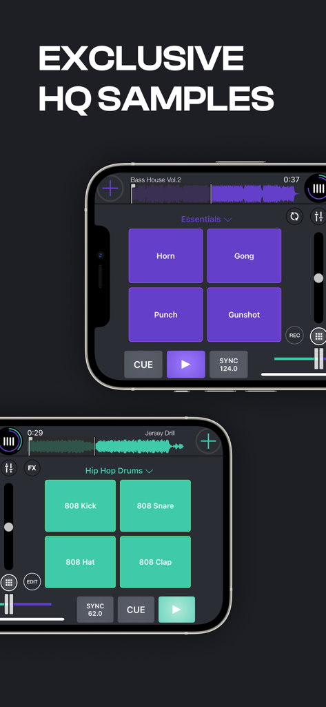 Cross DJ Pro sampler interface featuring high quality drum pads and sound effects