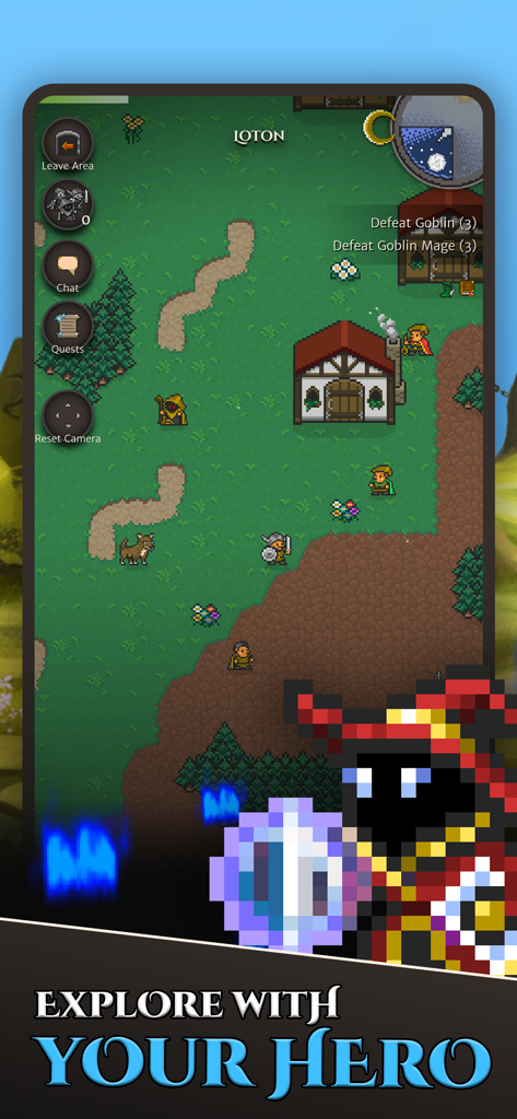 Mapa del mundo RPG de 8 bits en Hero of Aethric mostrando la exploración del personaje