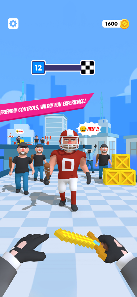 First person view of a player holding a golden knife facing enemies in a 3D city environment