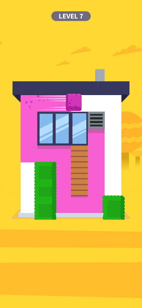House Paint - A pink paint roller coloring the white walls of a house in House Paint puzzle game