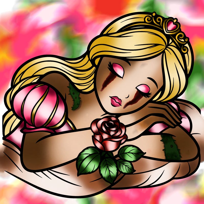 a fairytale princess sleeping with her hands crossed on her chest and a rose on her chest realistic