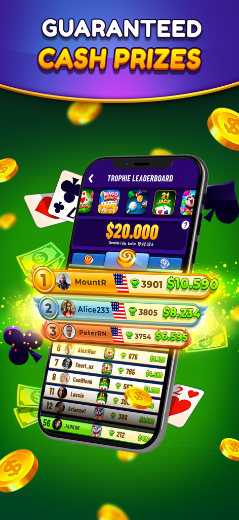 Mobile app leaderboard for Solitaire Real Cash showing top players and their cash prize earnings