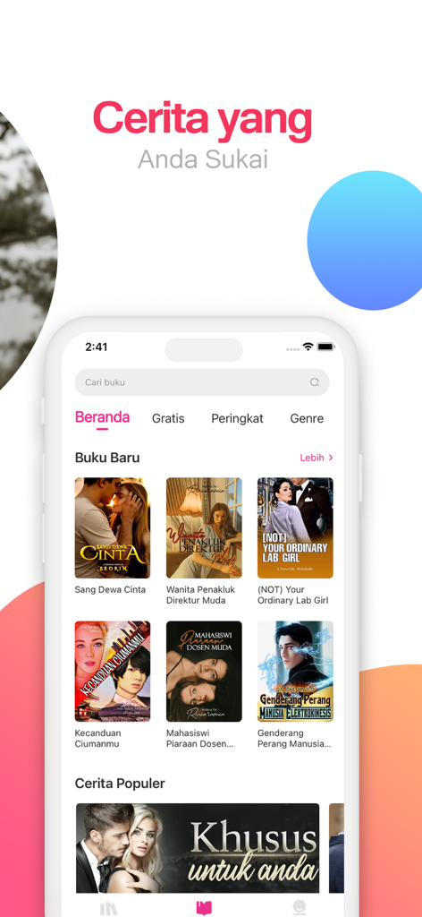 Pobaca-Ambil Nafasku Pergi - Pobaca app home screen displaying a variety of Indonesian fiction book covers and categories.