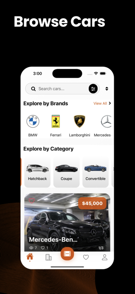 Fleet - Your Auto Marketplace - Interface de l'application Fleet montrant les options de navigation de voitures par marques de luxe et catégories de véhicules