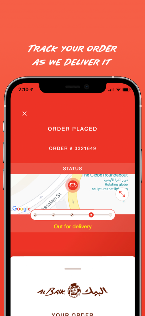 ALBAIK - Albaik mobile app interface showing real-time order tracking and delivery status on a map