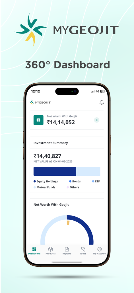 MyGeojit - Mobile screen showing MyGeojit 360-degree investment dashboard with net worth and portfolio summary